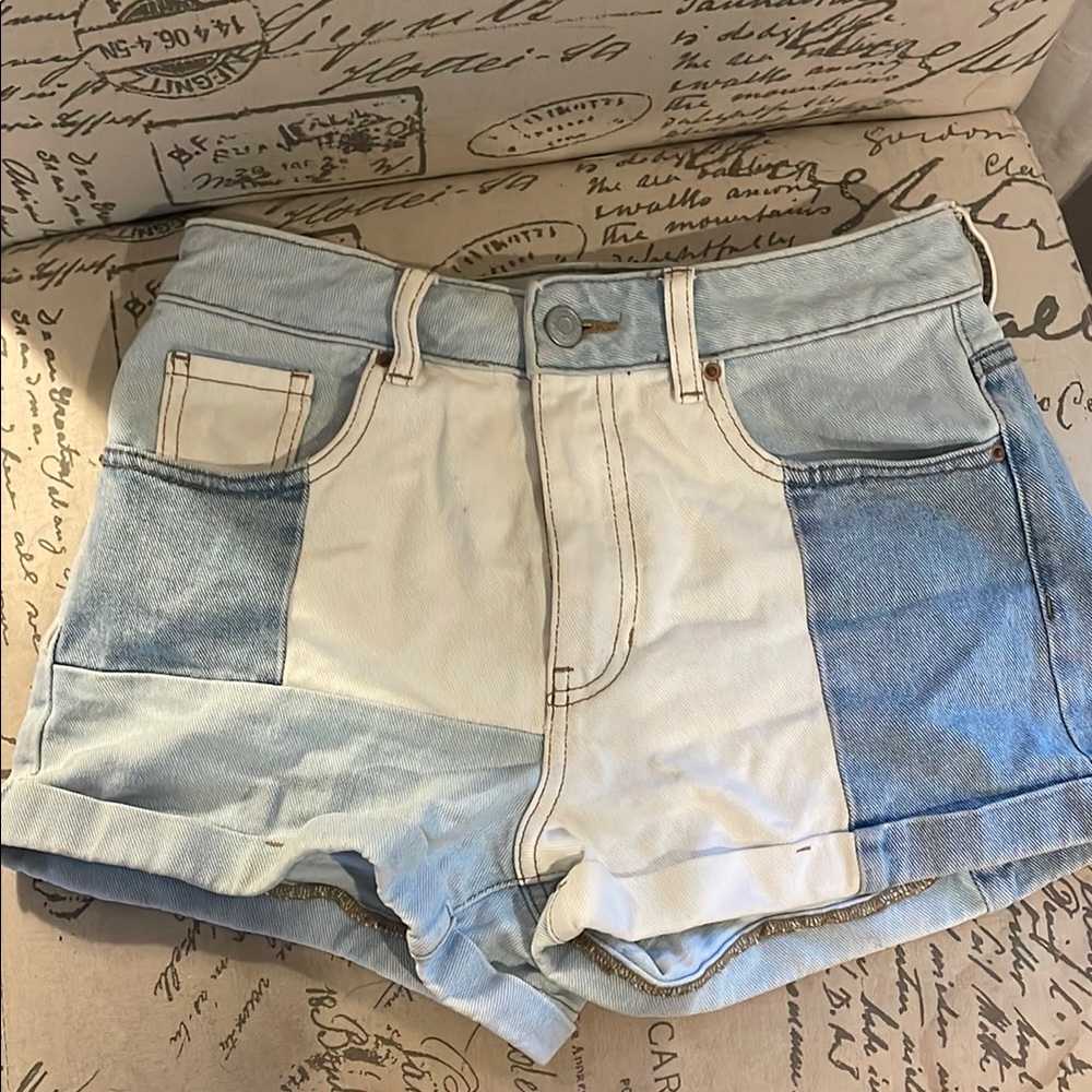 PacSun Blue and White Jean Shorts with Distressed Hem